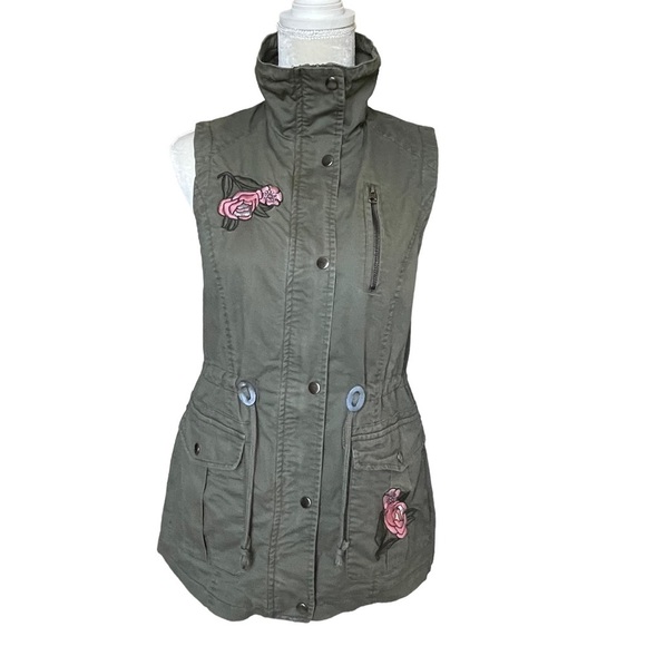 Jolt Women’s Green Military Utility Vest Jacket Size S Embroidered Roses Zip - Picture 1 of 8